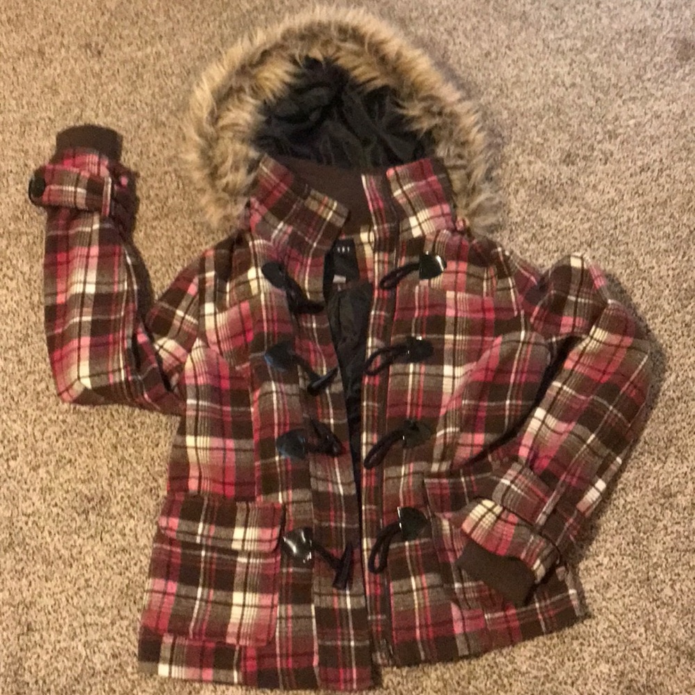 Pink and brown coat.